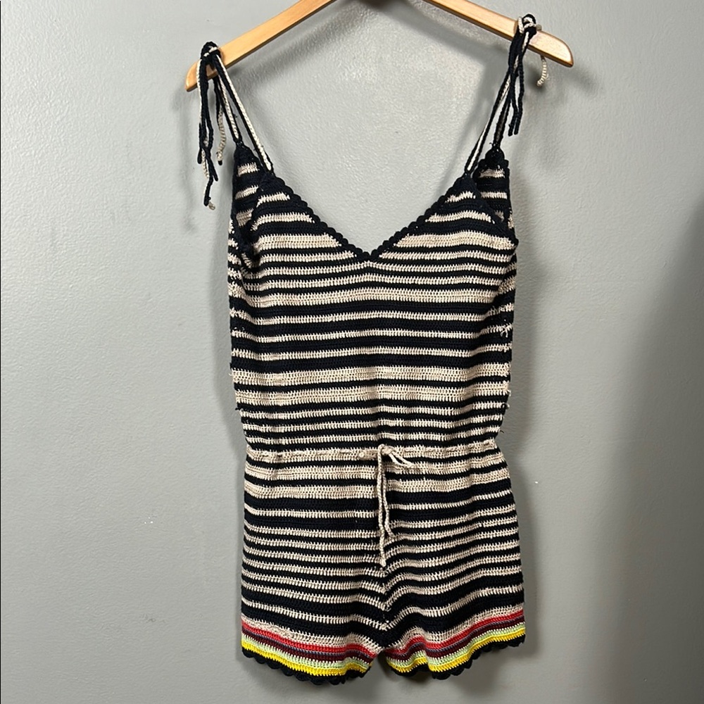 No Comment crochet knit striped romper Striped Knit Romper with Drawstring XL